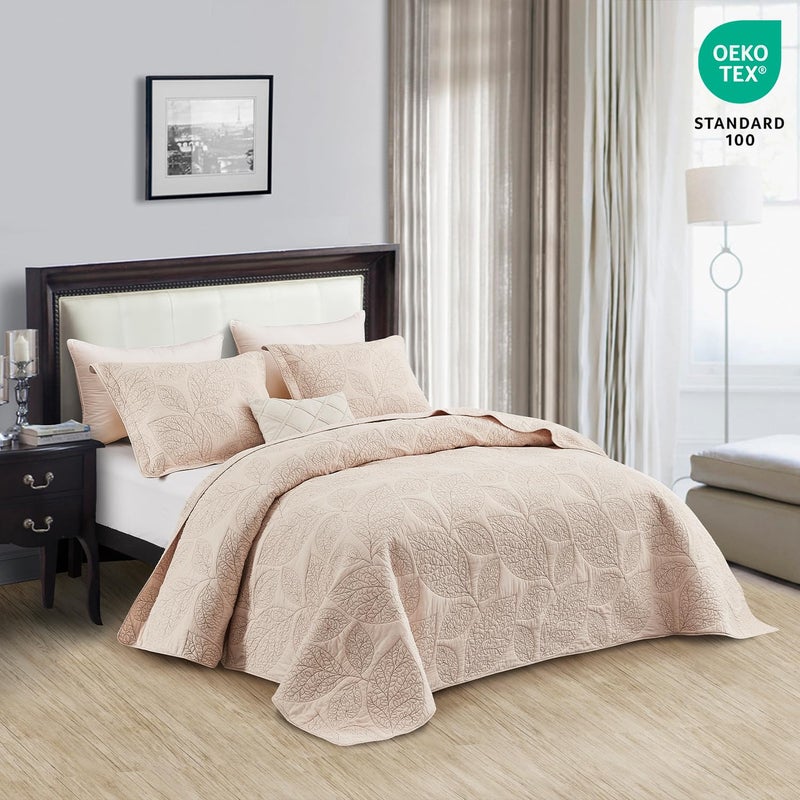 CHIXIN Botanical Cotton Quilt King Size - Real Stitching Leaf Pattern - Quilted Bedspread Coverlet Set, Ultra Soft, Lightweight, Reversible, 3 Piece, Oatmeal - Image 2